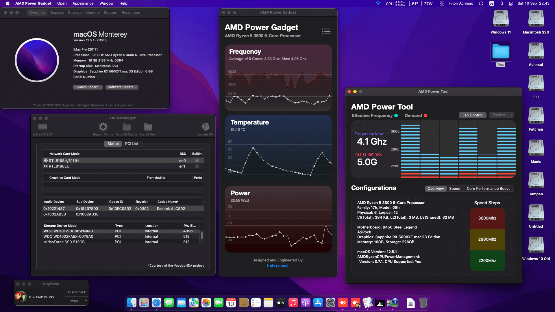 Success Hackintosh macOS Monterey 12.5.1 Build 21G83 in Asrock B450 Steel Legend + AMD Ryzen 5 3600 + Sapphire RX 5600XT